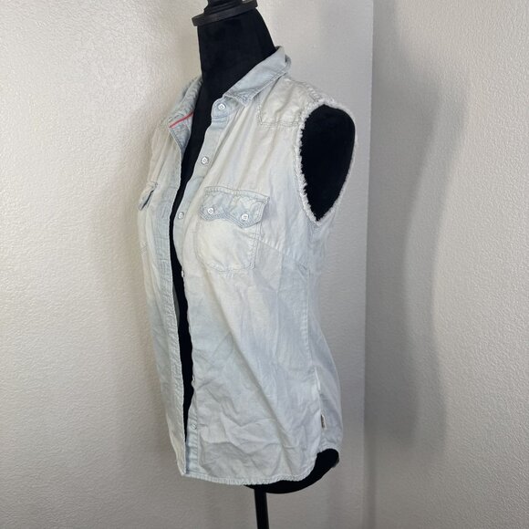 Converse All Star Sleeveless Button-Up Denim Shirt With Frayed Edges Faded Blue - Picture 3 of 8